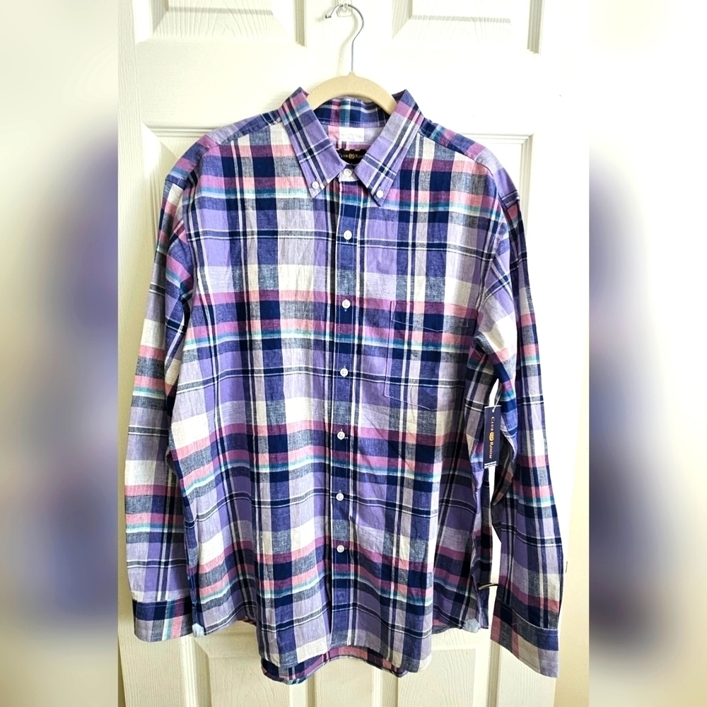 Club Room Men's Linen Blend Plaid Shirt Sz L